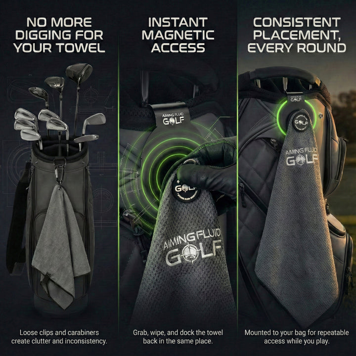 The 40 premium magnetic golf towel system showing Magna-Anchor attachment and consistent bag placement.