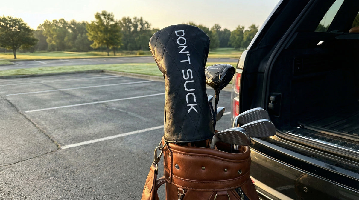 Black quilted “Don’t Suck” driver headcover resting on a golf bag at a course, showing diamond stitching and white embroidered logo in natural early-morning light.