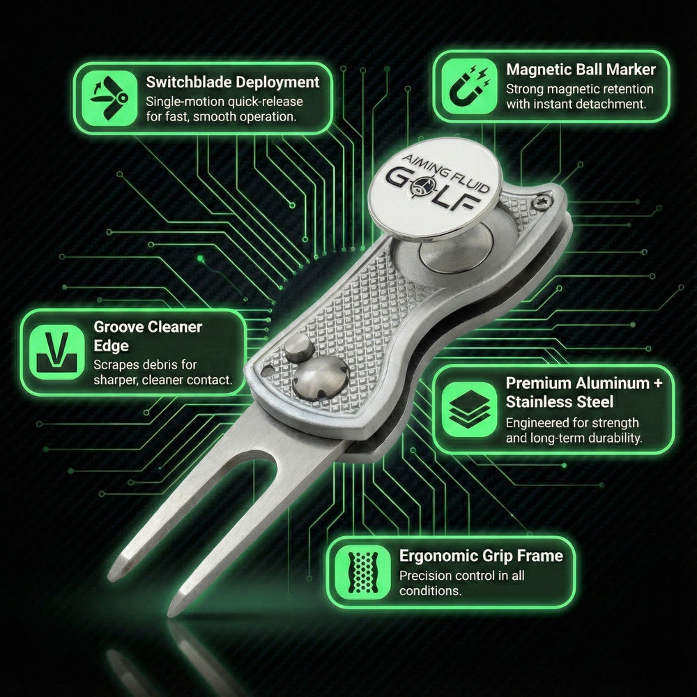 aiming fluid golf Golf divot tool with features highlighted on a dark background
