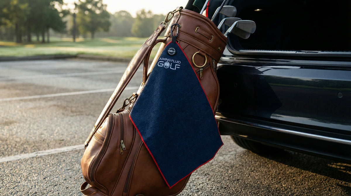 Aiming Fluid Golf magnetic towel clipped to a golf bag in a parking lot before a round