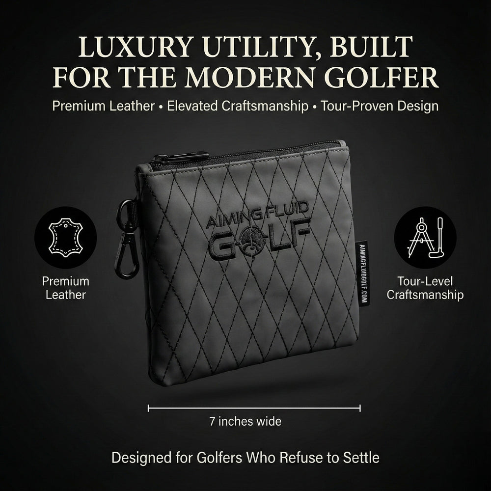 Black golf pouch with 'Aiming Fluid Golf' branding on a dark background. luxury golf and travel utility pouch