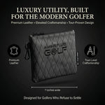 Black golf pouch with 'Aiming Fluid Golf' branding on a dark background. luxury golf and travel utility pouch
