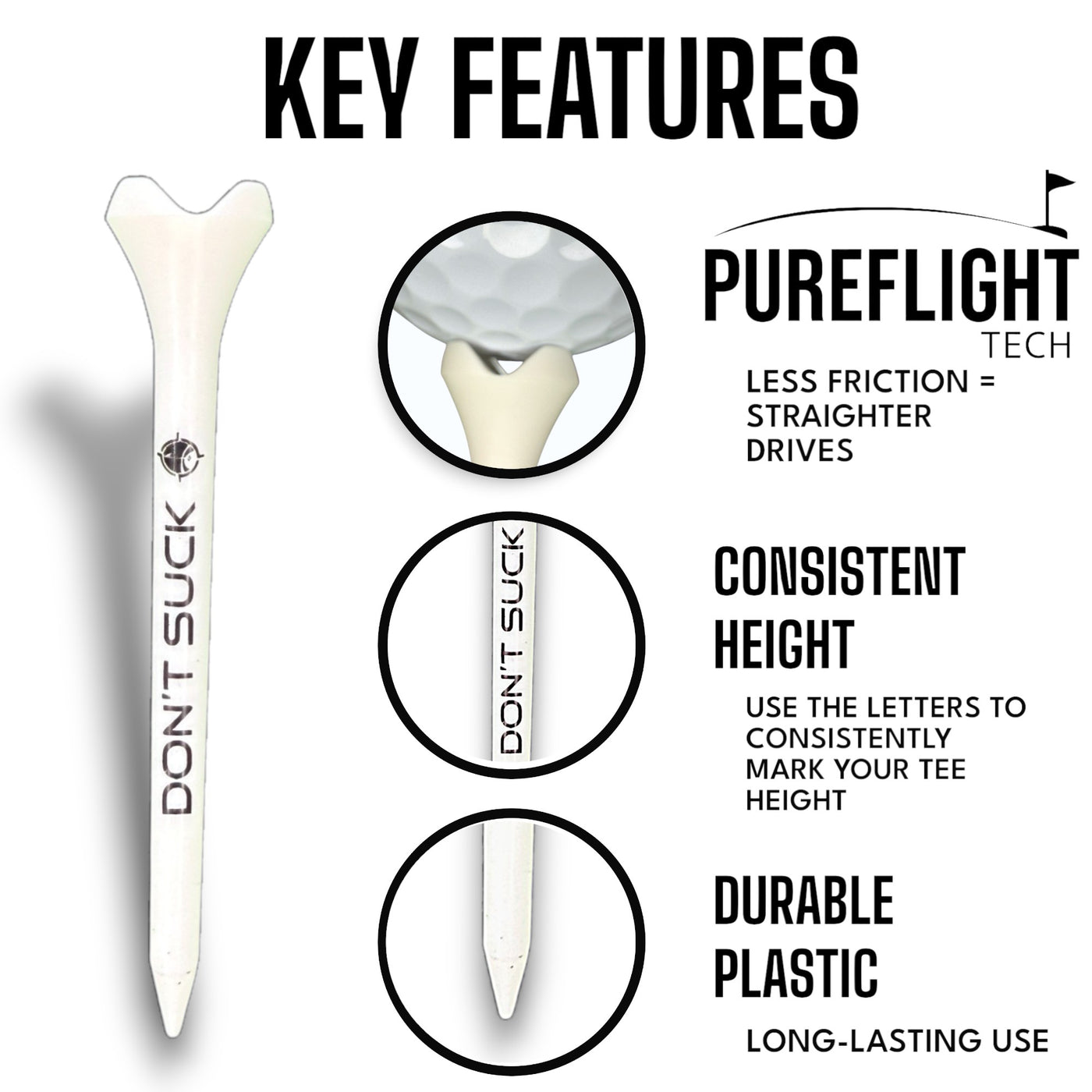 DON'T SUCK Golf Tees 2 ¾” – 50 Pack Durable Plastic 4-Prong Funny Golf Tees with PureFlight Tech – Low Resistance for Straighter, Longer Drives I Golf Gift – Reusable Tee Pouch Included