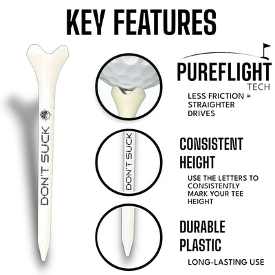 DON'T SUCK Golf Tees 2 ¾” – 50 Pack Durable Plastic 4-Prong Funny Golf Tees with PureFlight Tech – Low Resistance for Straighter, Longer Drives I Golf Gift – Reusable Tee Pouch Included