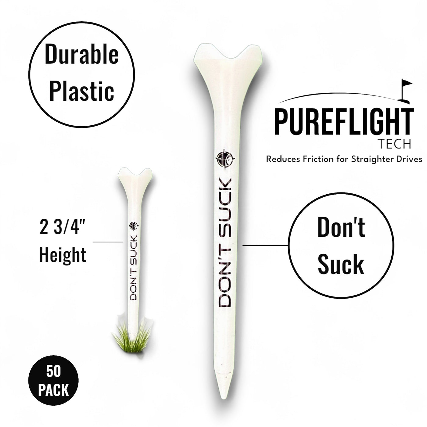 DON'T SUCK Golf Tees 2 ¾” – 50 Pack Durable Plastic 4-Prong Funny Golf Tees with PureFlight Tech – Low Resistance for Straighter, Longer Drives I Golf Gift – Reusable Tee Pouch Included