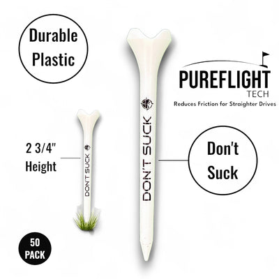 DON'T SUCK Golf Tees 2 ¾” – 50 Pack Durable Plastic 4-Prong Funny Golf Tees with PureFlight Tech – Low Resistance for Straighter, Longer Drives I Golf Gift – Reusable Tee Pouch Included