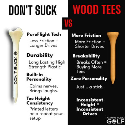 DON'T SUCK Golf Tees 2 ¾” – 50 Pack Durable Plastic 4-Prong Funny Golf Tees with PureFlight Tech – Low Resistance for Straighter, Longer Drives I Golf Gift – Reusable Tee Pouch Included
