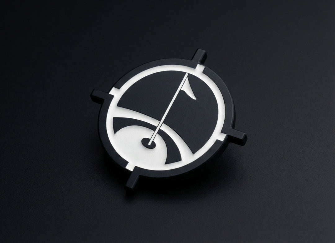 Matte black magnetic golf ball marker with precision white inlay on dark background