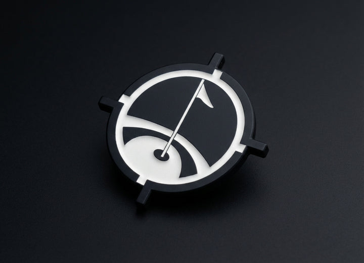 Matte black magnetic golf ball marker with precision white inlay on dark background