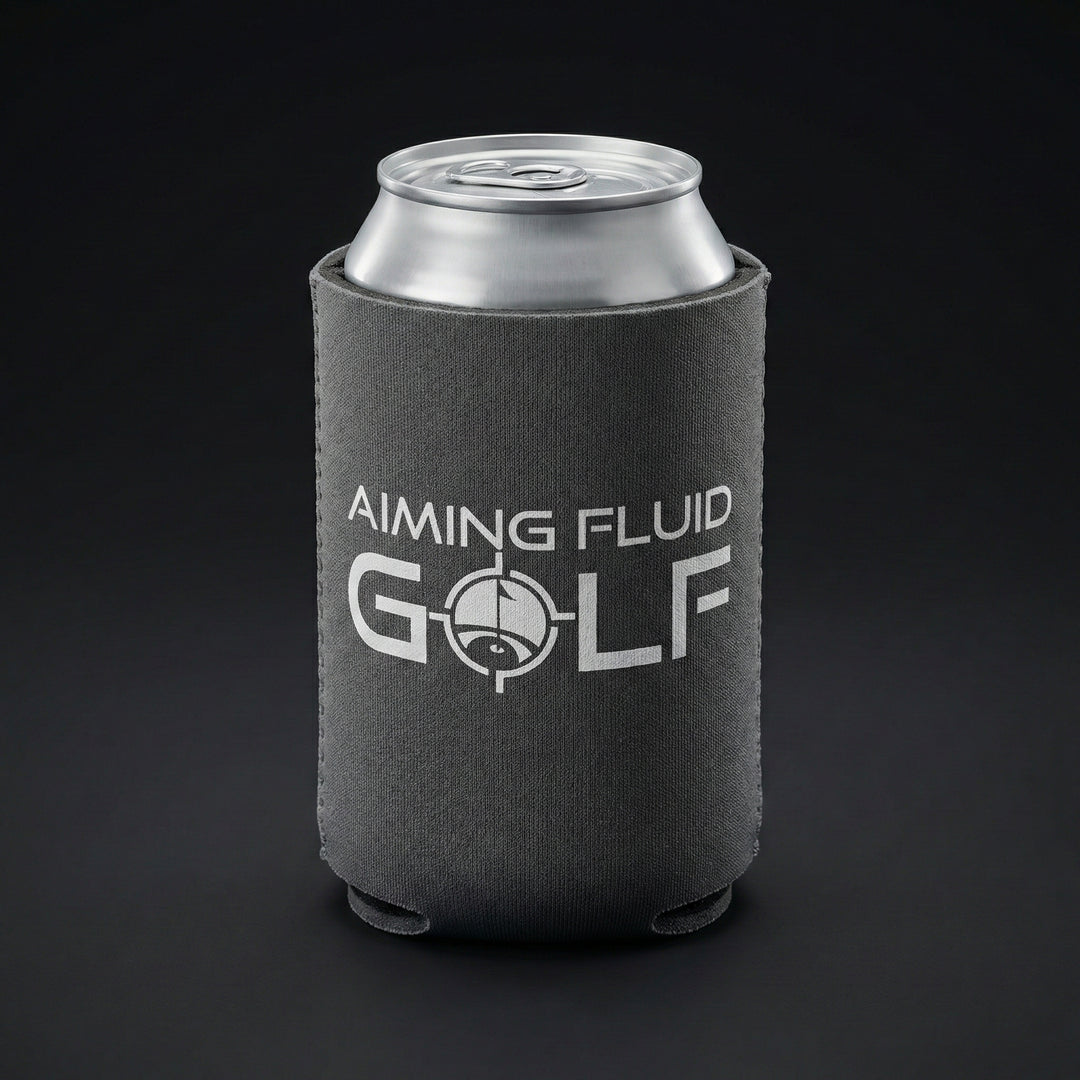 Brewski Koozie in gray with "Aiming Fluid Golf" text, holding a silver can against a black background.