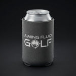 Brewski Koozie in gray with "Aiming Fluid Golf" text, holding a silver can against a black background.