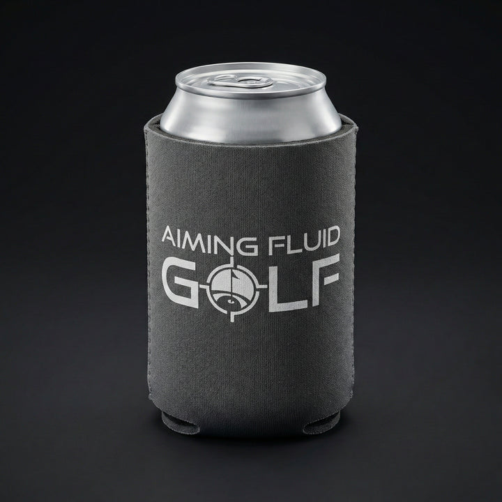 Brewski Koozie in gray with "Aiming Fluid Golf" text, holding a silver can against a black background.