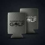 Brewski Koozie in gray with "Aiming Fluid Golf" logo in black and white on both sides.