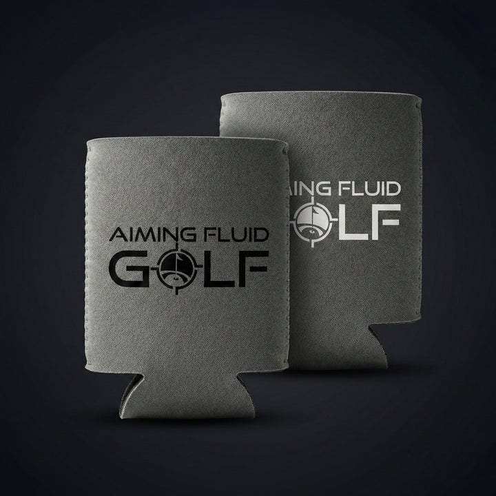 Brewski Koozie in gray with "Aiming Fluid Golf" logo in black and white on both sides.