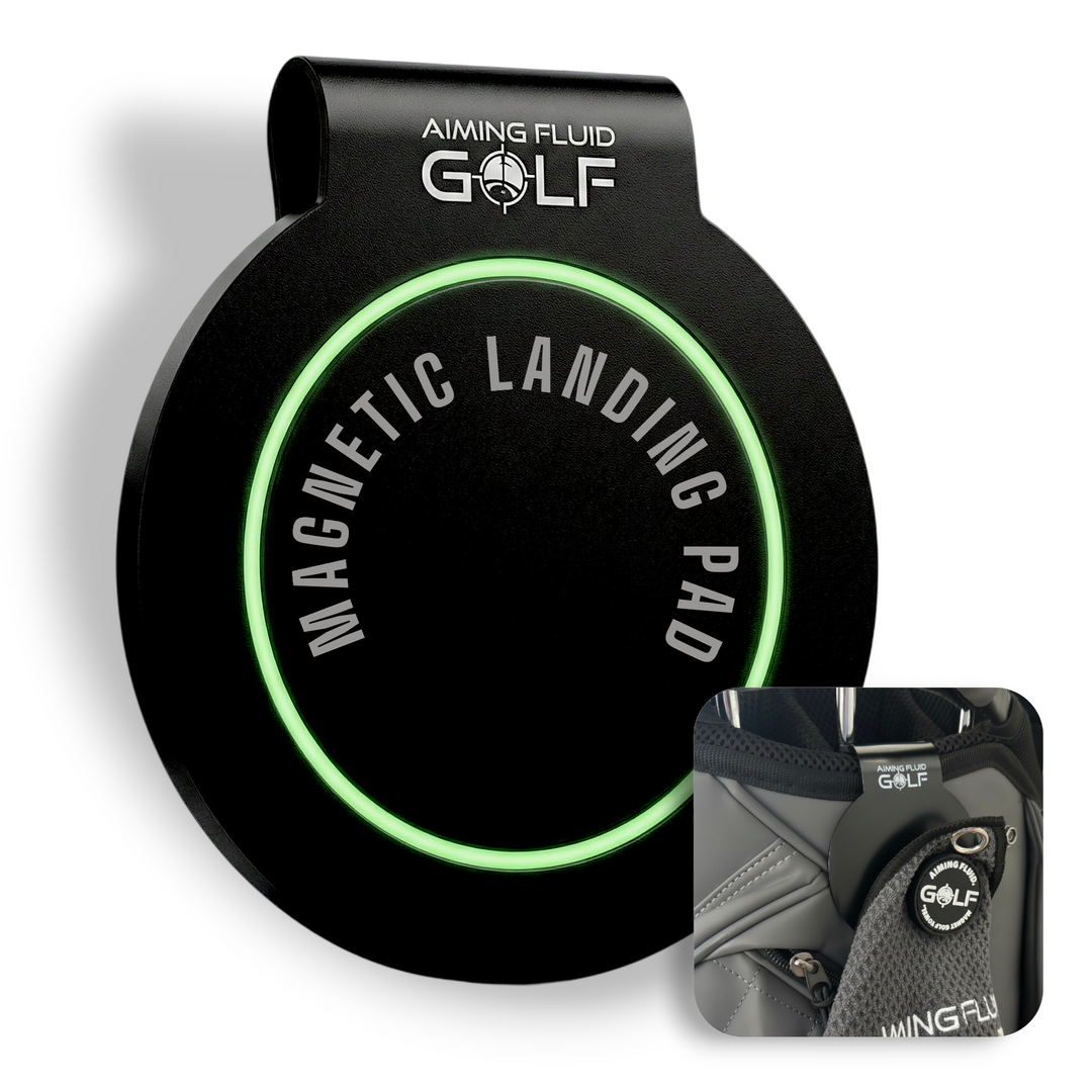 Aiming Fluid Golf Magnetic Landing Pad steel-core bag dock for magnetic towel attachment.