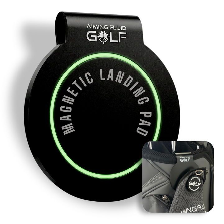 Aiming Fluid Golf Magnetic Landing Pad steel-core bag dock for magnetic towel attachment.