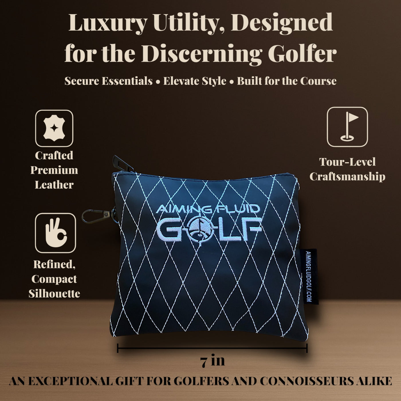 Premium Leather Golf Utility Pouch with Zippered Closure – Luxury Valuables Bag with Diamond Stitching, 360-Degree Metal Clip, and Soft Interior Lining