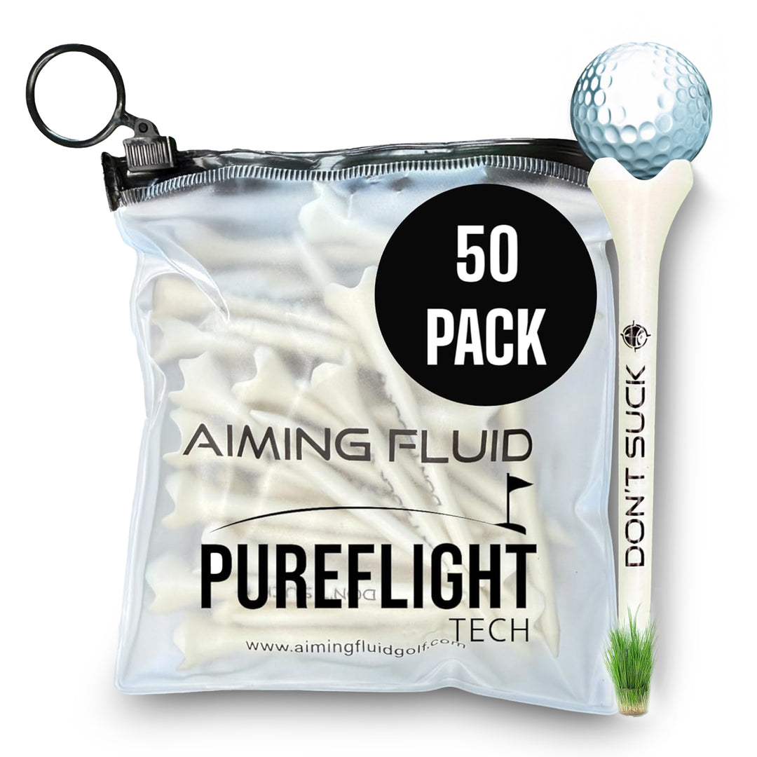 aiming fluid golf 50-pack of golf tees with a golf ball and tee on a white featuring pureflight technology background