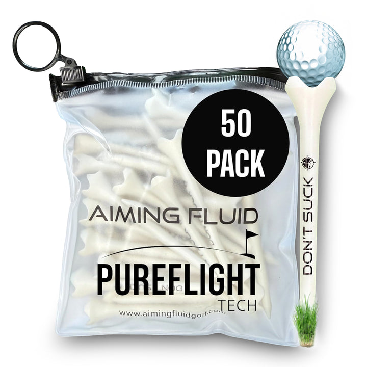 aiming fluid golf 50-pack of golf tees with a golf ball and tee on a white featuring pureflight technology background