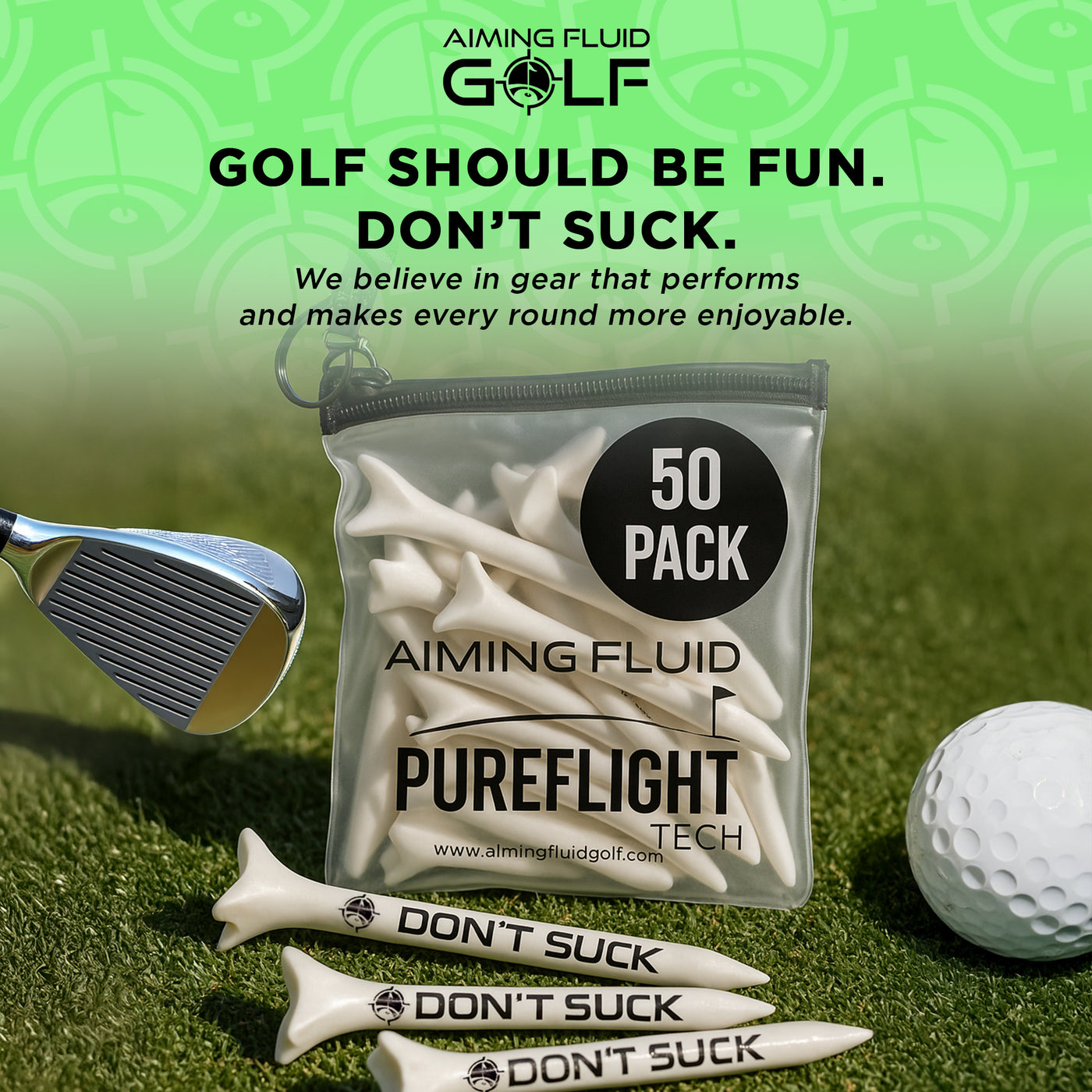 DON'T SUCK Golf Tees 2 ¾” – 50 Pack Durable Plastic 4-Prong Funny Golf Tees with PureFlight Tech – Low Resistance for Straighter, Longer Drives I Golf Gift – Reusable Tee Pouch Included