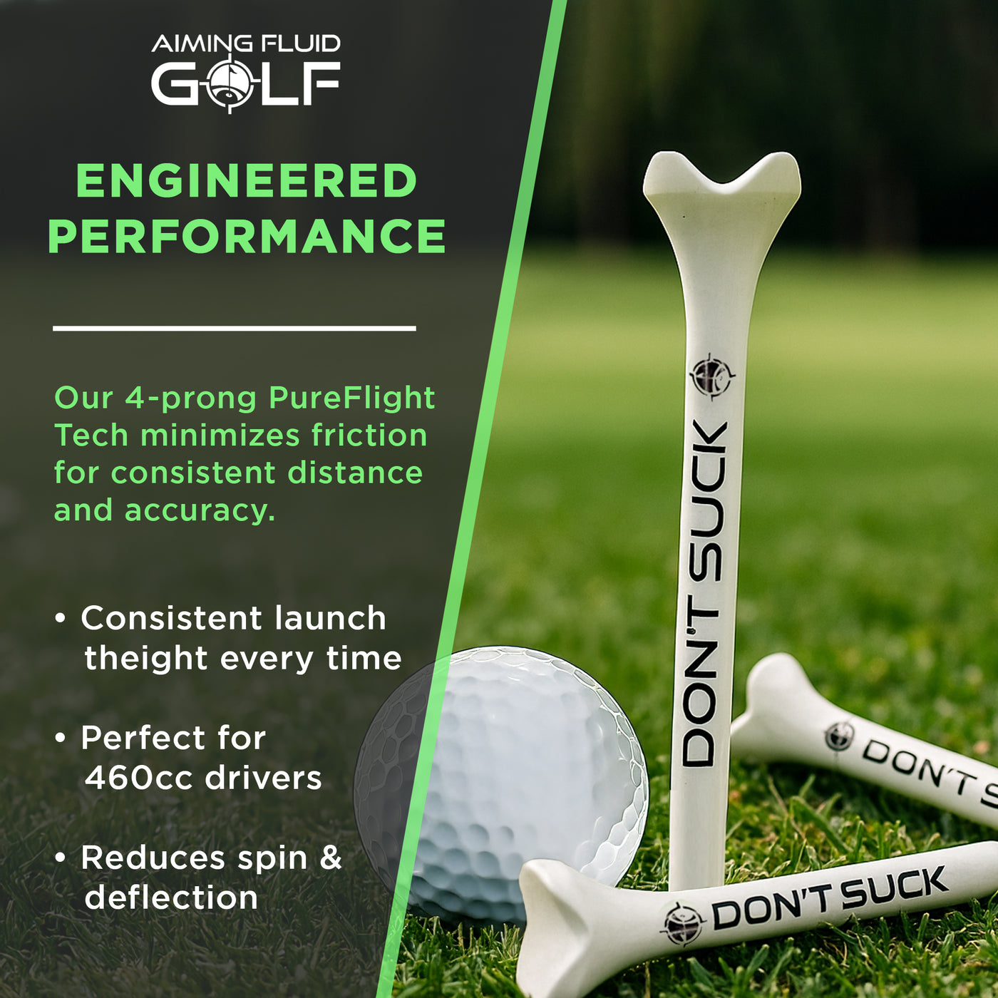 DON'T SUCK Golf Tees 2 ¾” – 50 Pack Durable Plastic 4-Prong Funny Golf Tees with PureFlight Tech – Low Resistance for Straighter, Longer Drives I Golf Gift – Reusable Tee Pouch Included