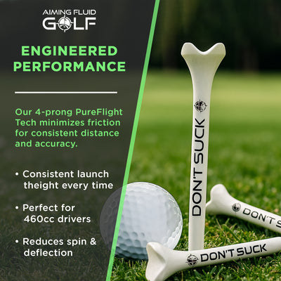 DON'T SUCK Golf Tees 2 ¾” – 50 Pack Durable Plastic 4-Prong Funny Golf Tees with PureFlight Tech – Low Resistance for Straighter, Longer Drives I Golf Gift – Reusable Tee Pouch Included