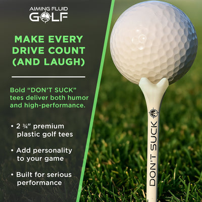 DON'T SUCK Golf Tees 2 ¾” – 50 Pack Durable Plastic 4-Prong Funny Golf Tees with PureFlight Tech – Low Resistance for Straighter, Longer Drives I Golf Gift – Reusable Tee Pouch Included