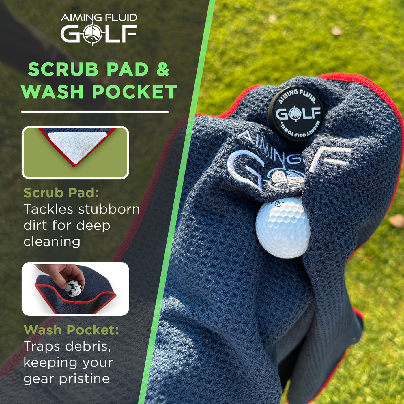 Magnetic Golf Towel & Magnetic Landing Pad – Premium Microfiber Waffle Weave I Scrub Pad I Wash Pocket I Golf Gift I Cart Carry and Tour Bag (Magnetic Landing Pad & 16" x 24" Golf Towel)
