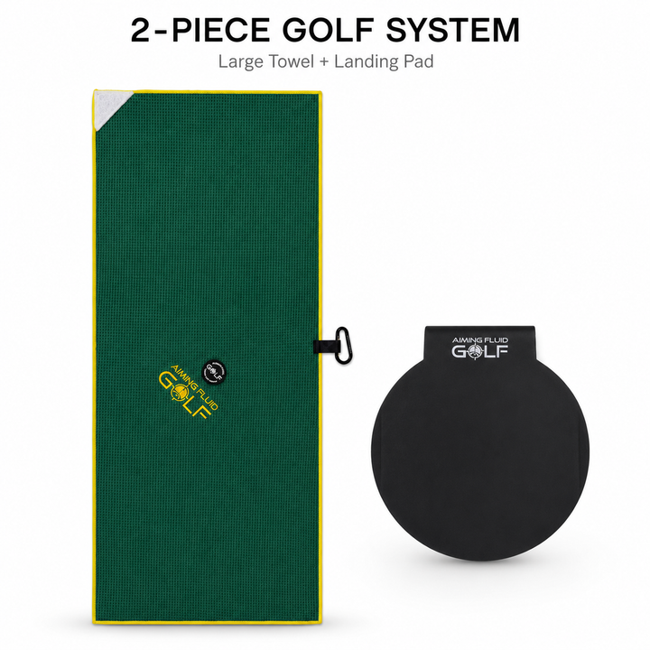 Aiming Fluid Golf 16x40 green light-duty magnetic golf towel with a steel-core Magnetic Landing Pad.