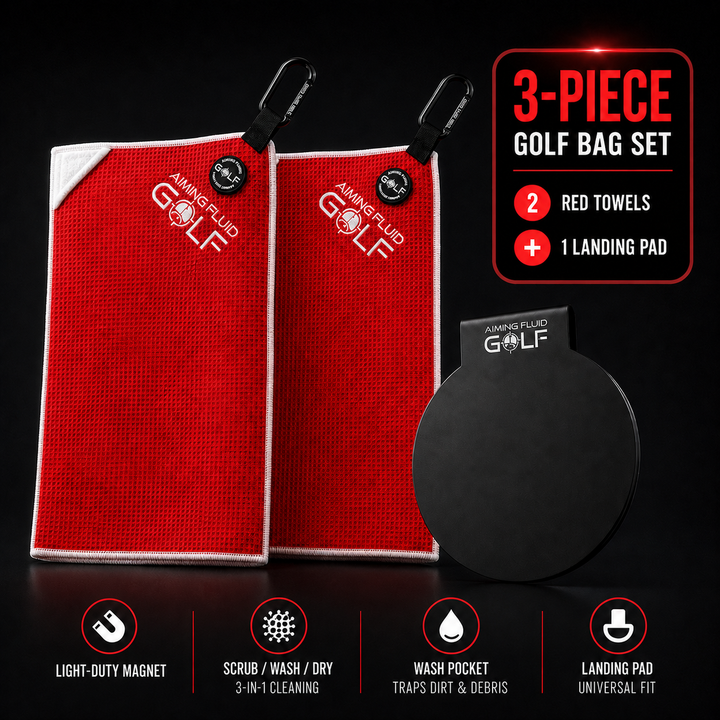3-Piece Red Golf Towel Set | 2 Magnetic Towels + Landing Pad RED