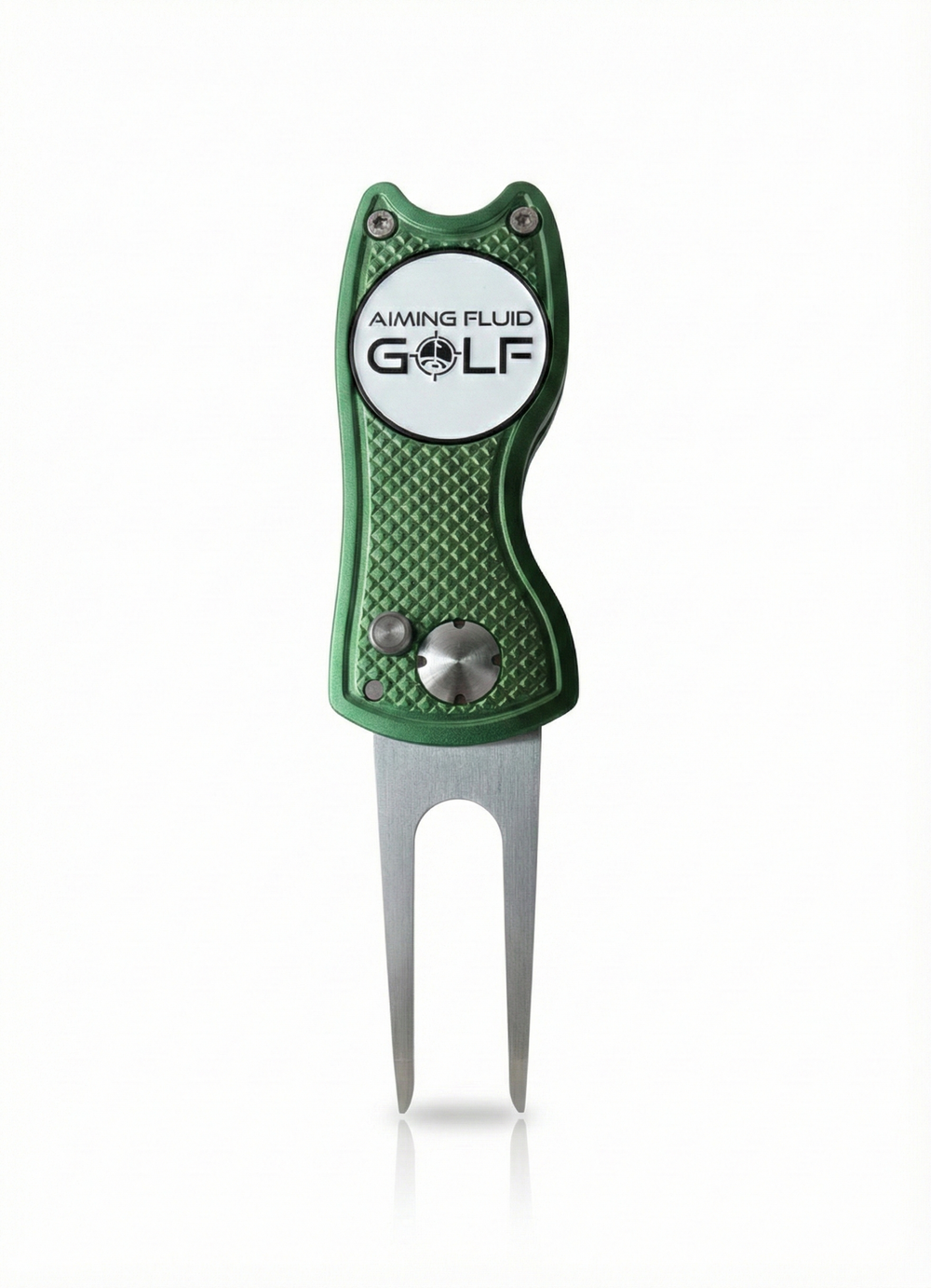 Limited edition divot tool in green with textured grip and silver prongs, featuring the Aiming Fluid Golf logo.