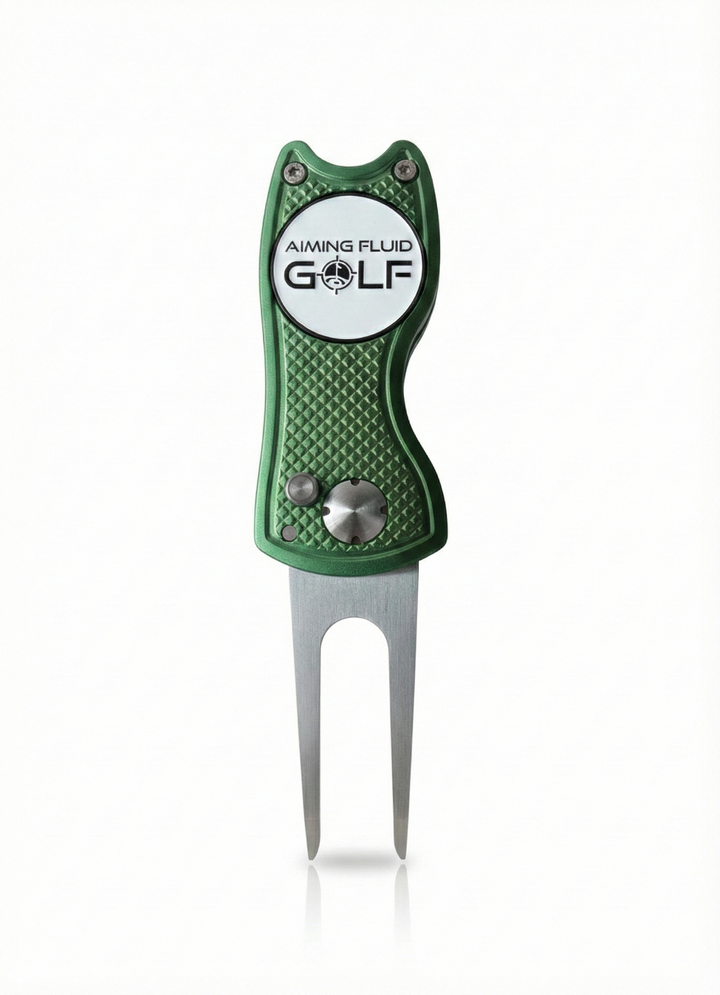 Limited edition divot tool in green with textured grip and silver prongs, featuring the Aiming Fluid Golf logo.