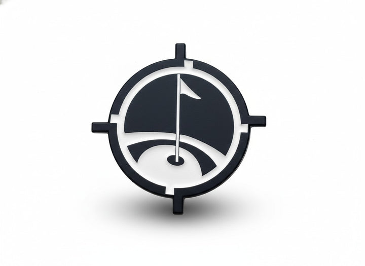 Black, Premium magnetic golf ball marker with matte black finish and precision white inlay, centered on white background