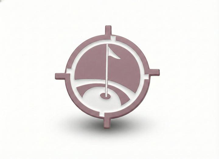 Pink, Premium magnetic golf ball marker with matte black finish and precision white inlay, centered on white background
