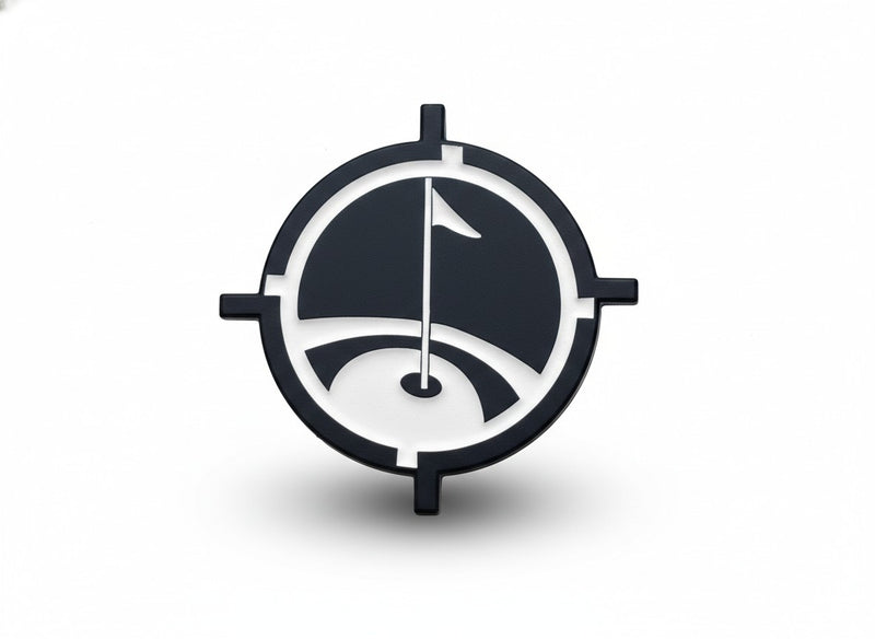 Black, Premium magnetic golf ball marker with matte black finish and precision white inlay, centered on white background