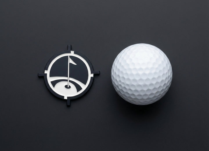 Magnetic golf ball marker shown next to a standard golf ball for size comparison