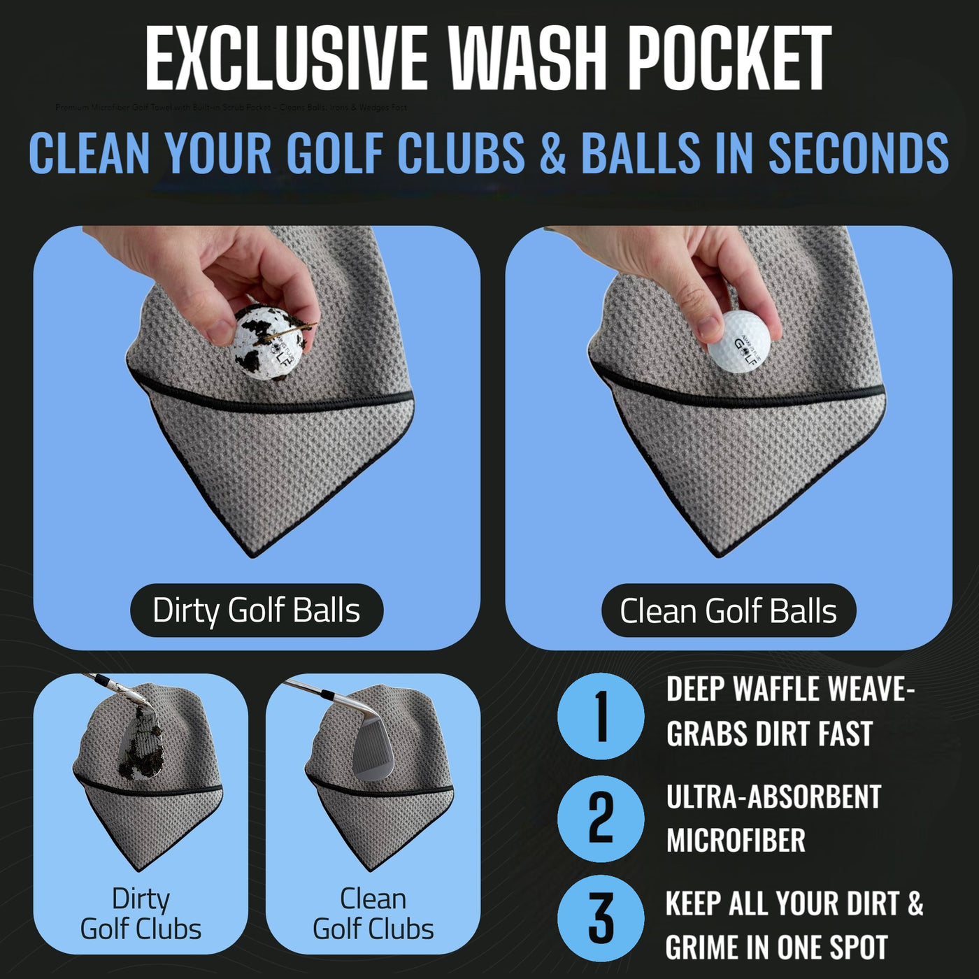 Magnetic Golf Towel & Magnetic Landing Pad – Premium Microfiber Waffle Weave I Scrub Pad I Wash Pocket I Golf Gift I Cart Carry and Tour Bag (Magnetic Landing Pad & 16" x 24" Golf Towel)