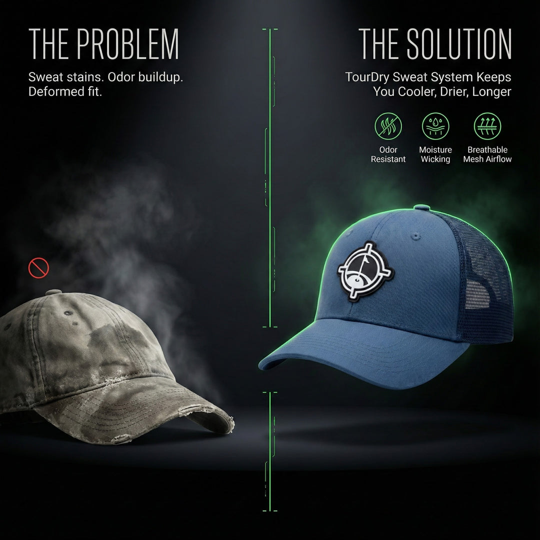 Comparison of a worn-out cap and a new, clean aiming fluid golf cap with TourDry sweat system features.