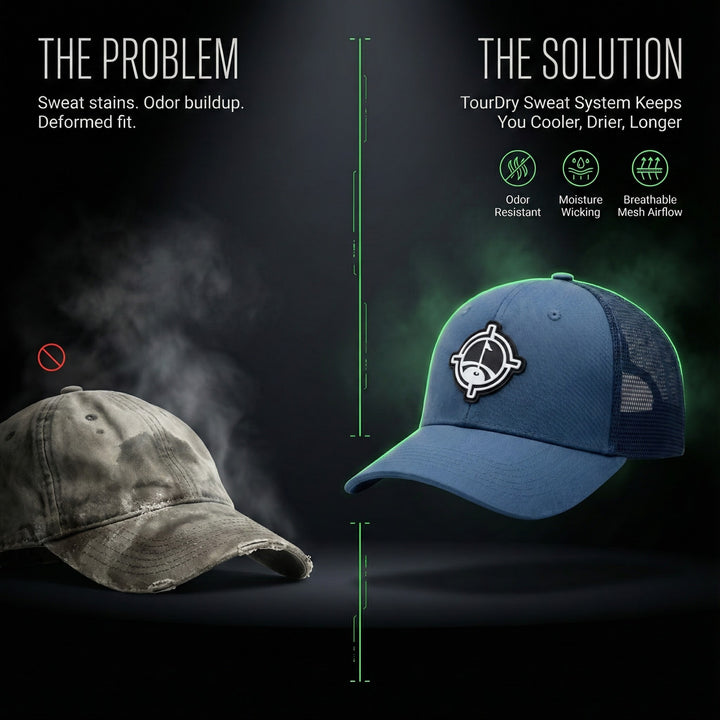 Comparison of a worn-out cap and a new, clean aiming fluid golf cap with TourDry sweat system features.