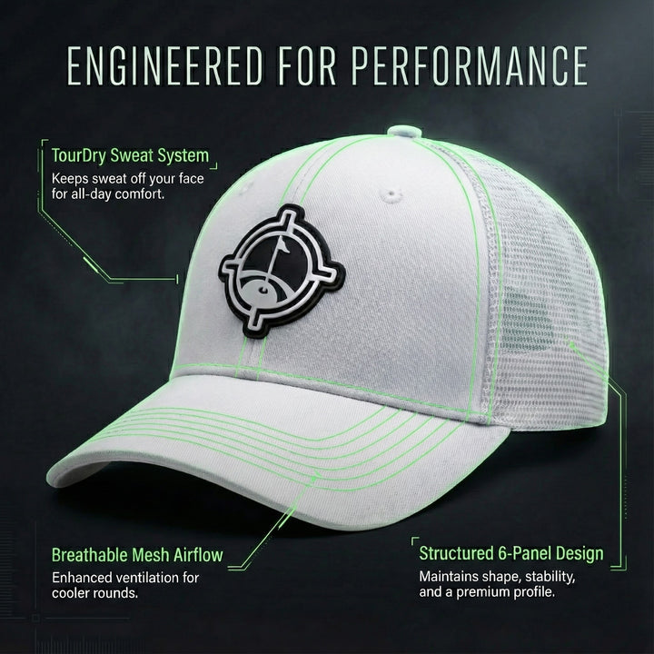 aiming fluid golf  White cap with green accents and a logo on a dark background, featuring text about its features.