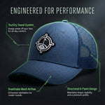 aiming fluid golf  Blue baseball cap with features highlighted on a dark background
