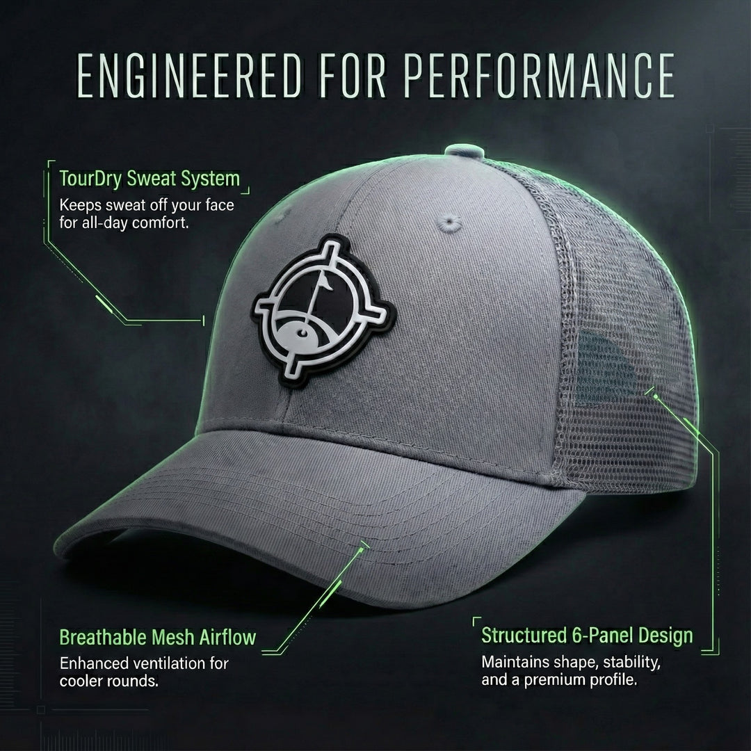 aiming fluid golf Gray baseball cap with a logo on a dark background, featuring text about its features.
