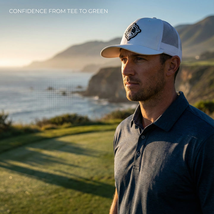 Man wearing an aiming fluid golf  cap and polo shirt on a golf course with ocean and mountains in the background