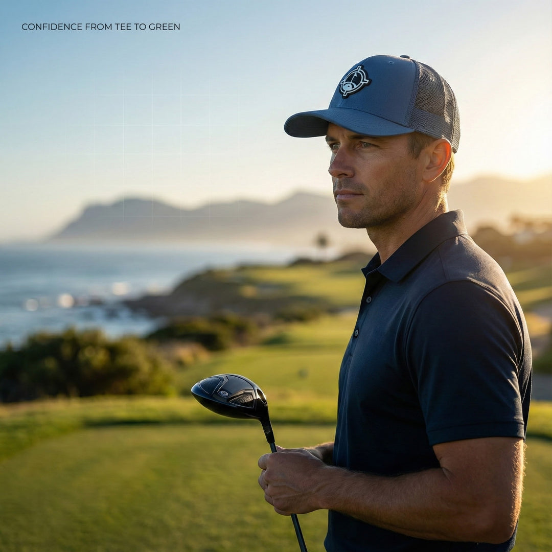 Man holding a golf club on a golf course with mountains and ocean in the background wearing aiming fluid golf  golf tourdry hat