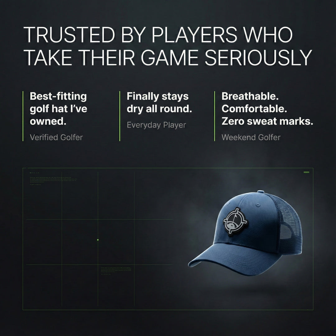 aiming fluid golf Blue golf cap with text about its features on a dark background