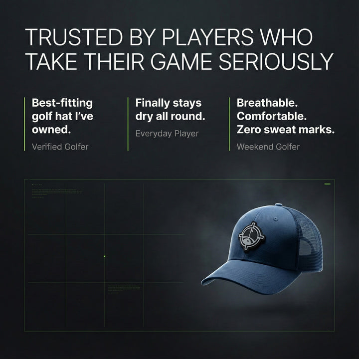 aiming fluid golf Blue golf cap with text about its features on a dark background