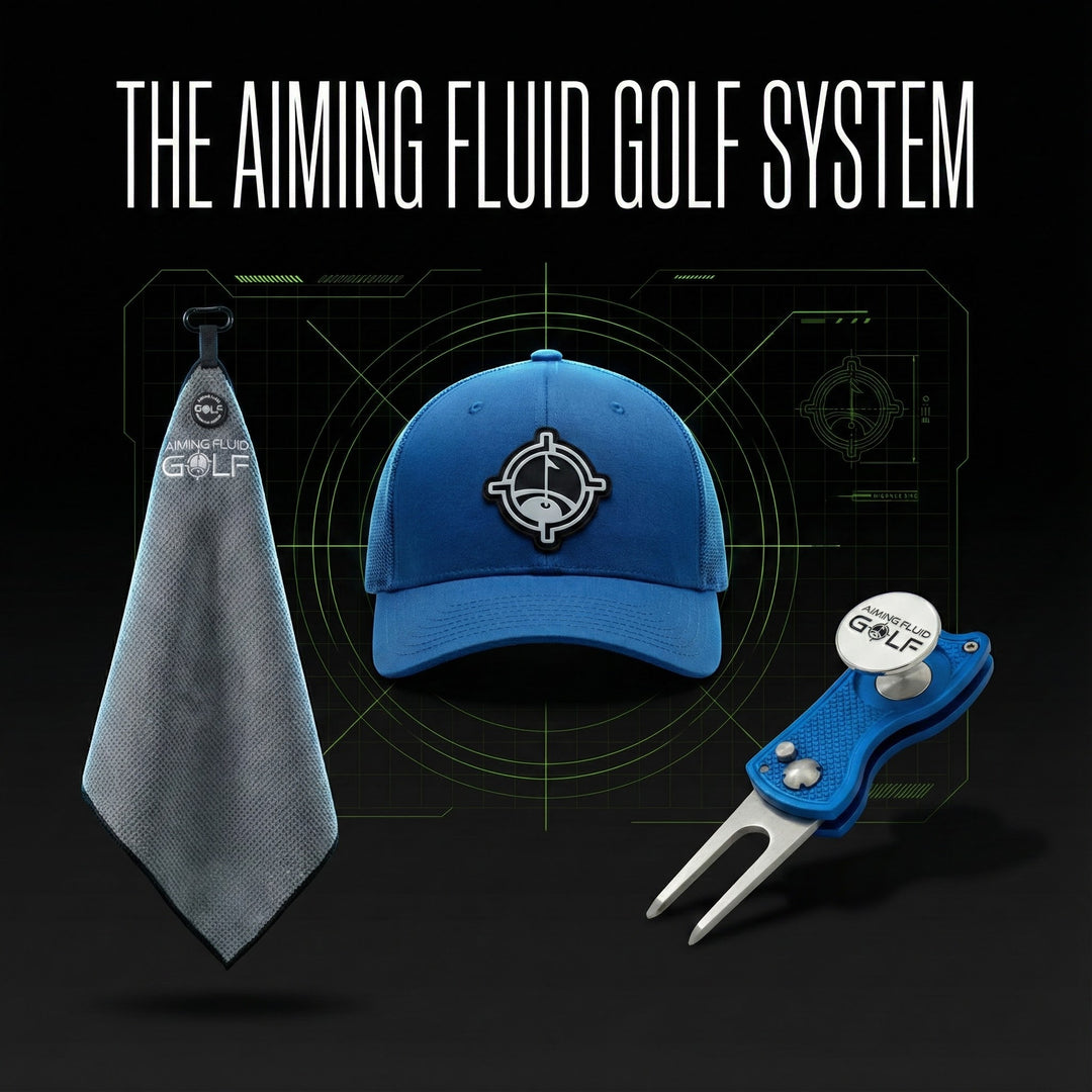 aiming fluid golf Golf accessories including a cap, towel, and divot tool with &