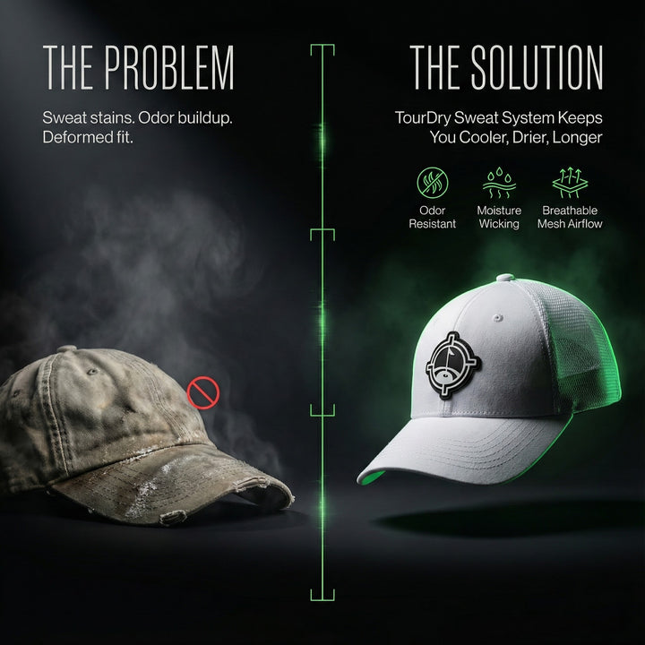 Comparison of a dirty baseball cap on the left and a clean, aiming fluid golf new cap with TourDry system on the right against a dark background.