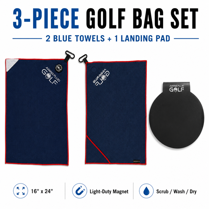 Aiming Fluid Golf 3-piece navy blue set with red trim: two 16x24 magnetic golf towels with a steel-core Magnetic Landing Pad.