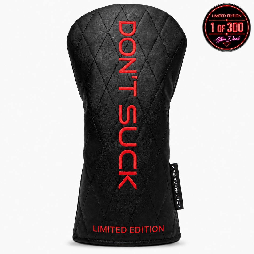 After Dark DON'T SUCK limited edition driver headcover in black quilted synthetic leather with stitched neon embroidery.